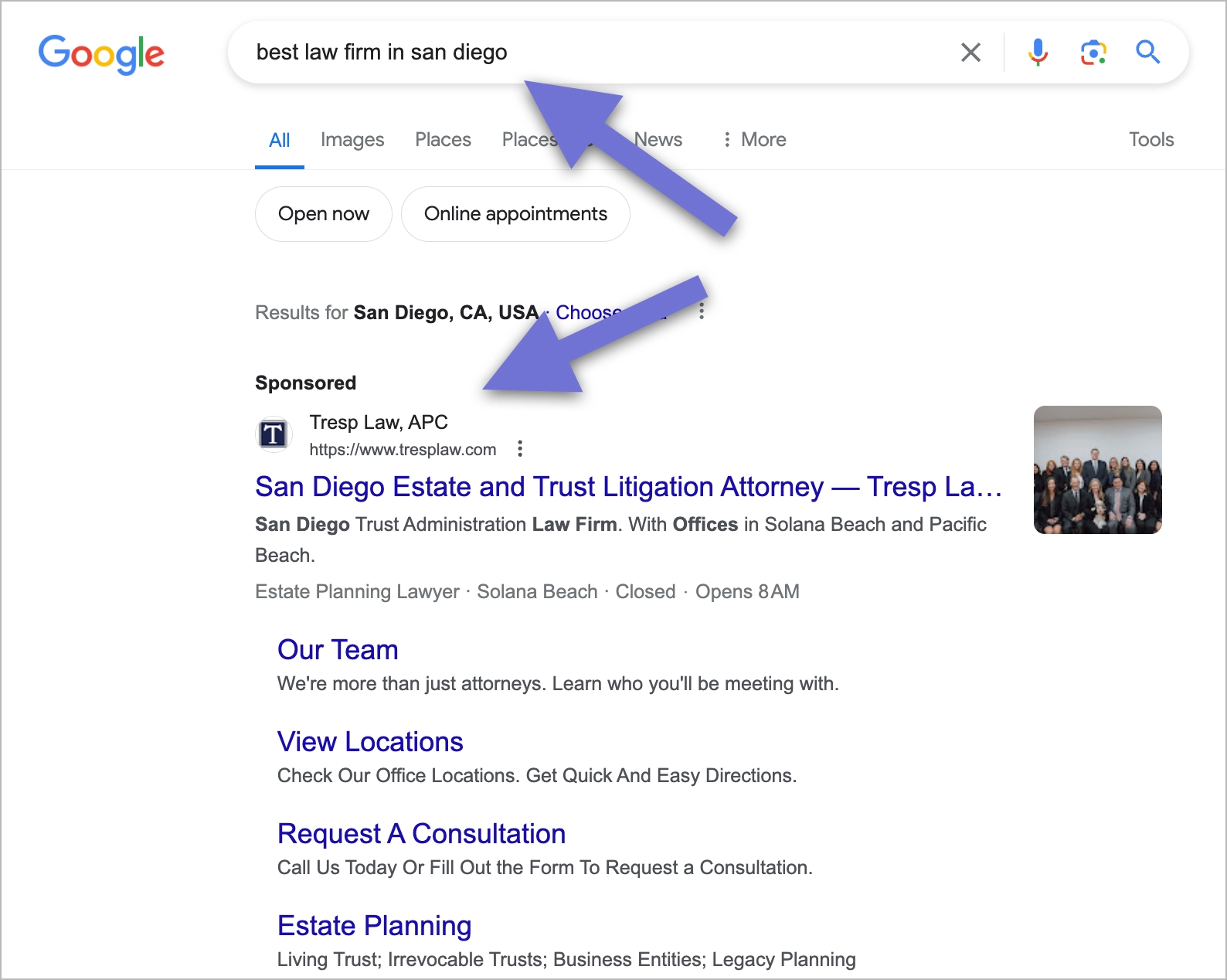 paid search results for law firm in San Diego