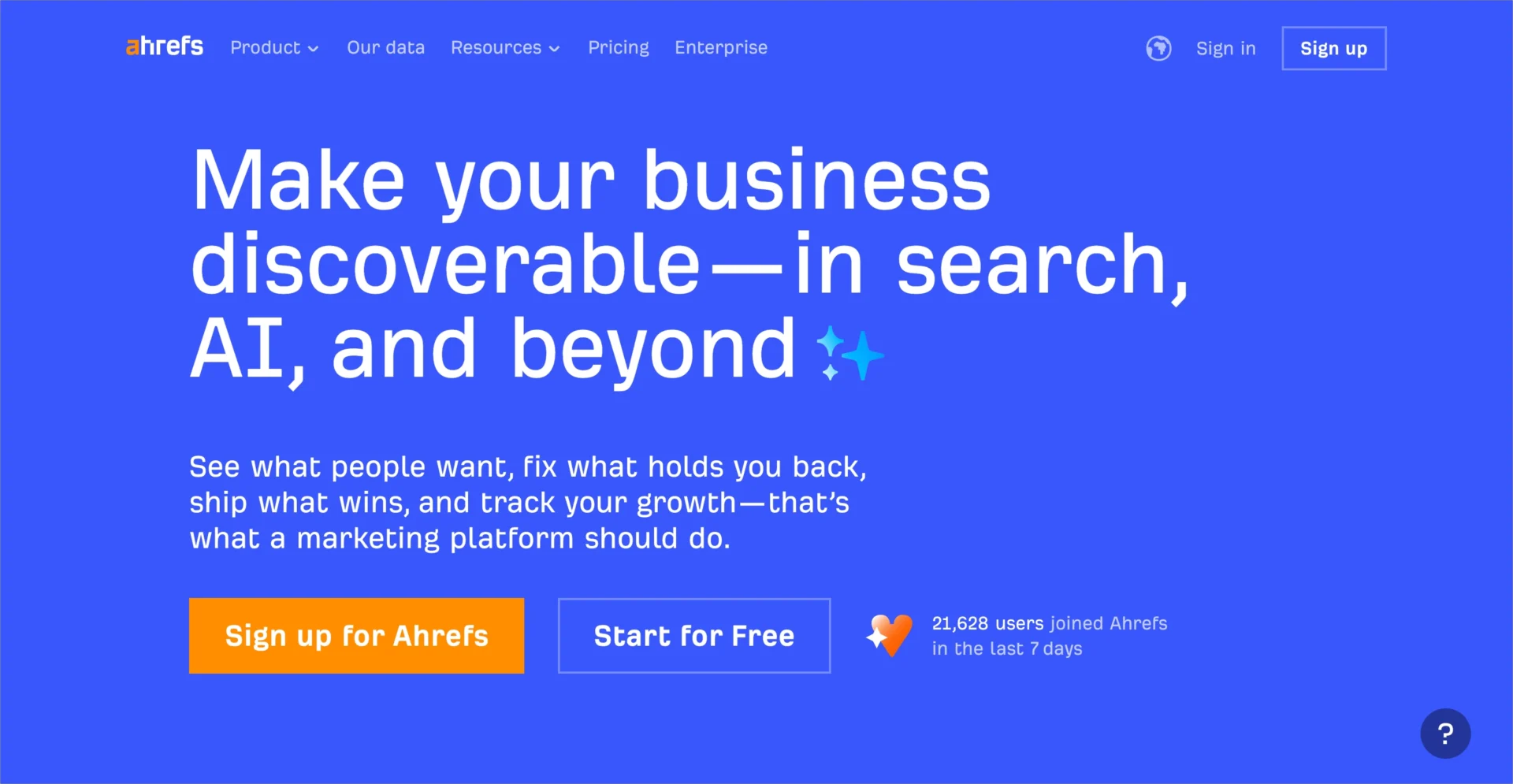 Page d'accueil d'Ahrefs promouvant le référencement et les informations de recherche basées sur l'IA