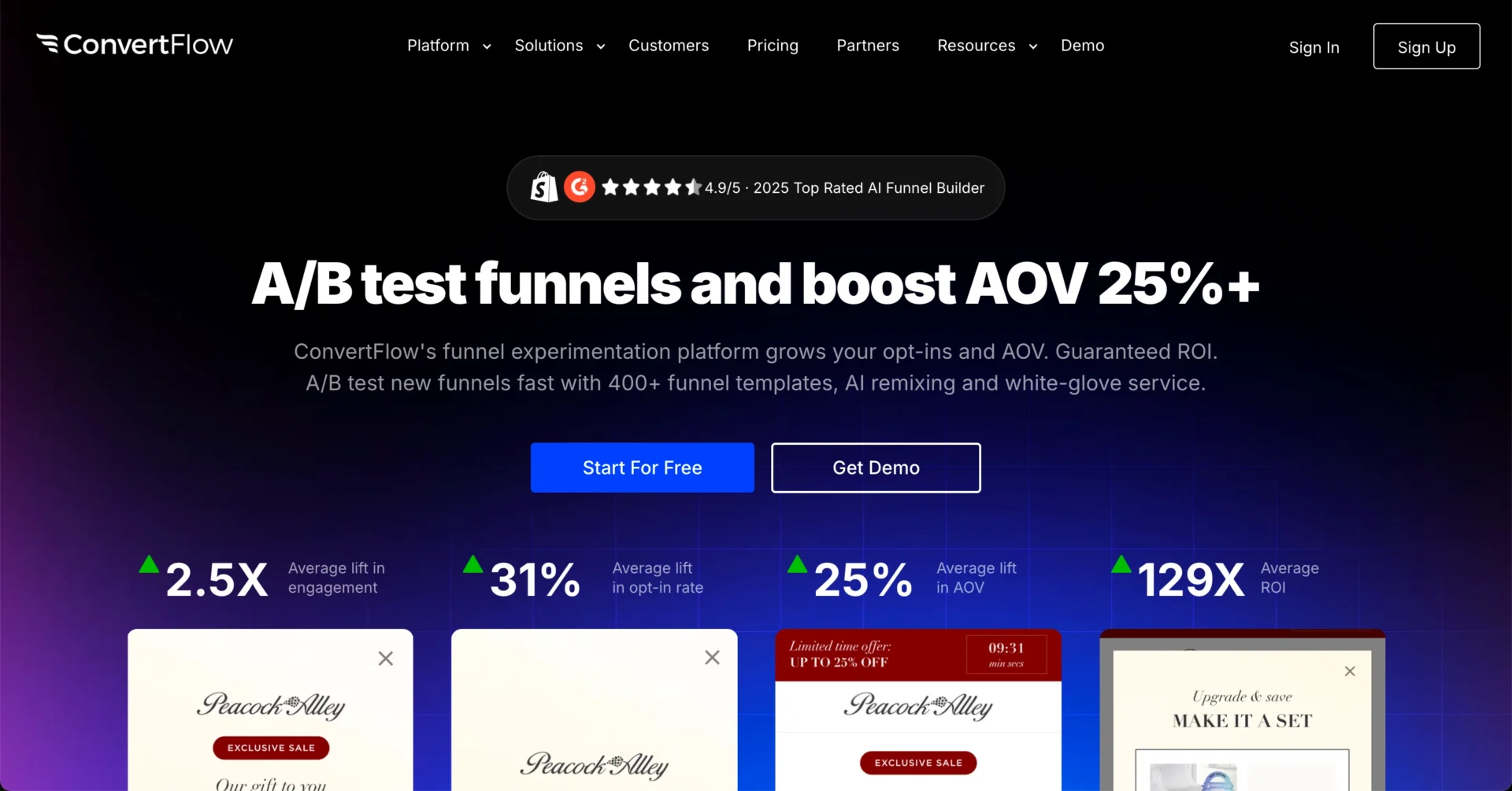 Page d'accueil de ConvertFlow mettant en avant les entonnoirs de test A/B et la croissance de l'AOV