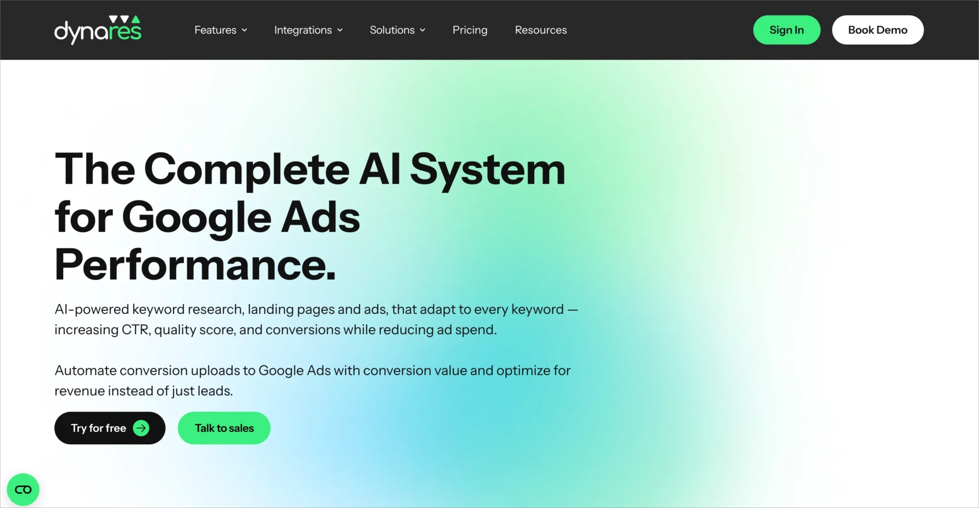 Page d'accueil de Dynares mettant en avant le système d'IA pour les performances Google Ads