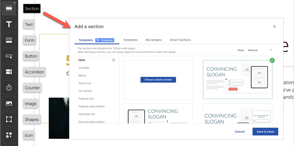 como adicionar widget de seção em landing page