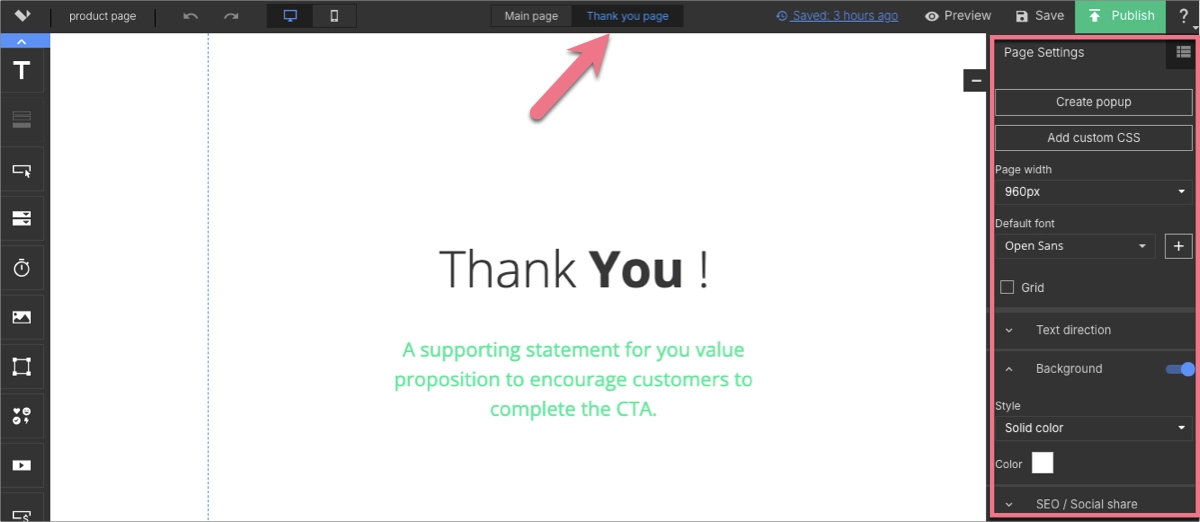 thank you page customization in Landingi