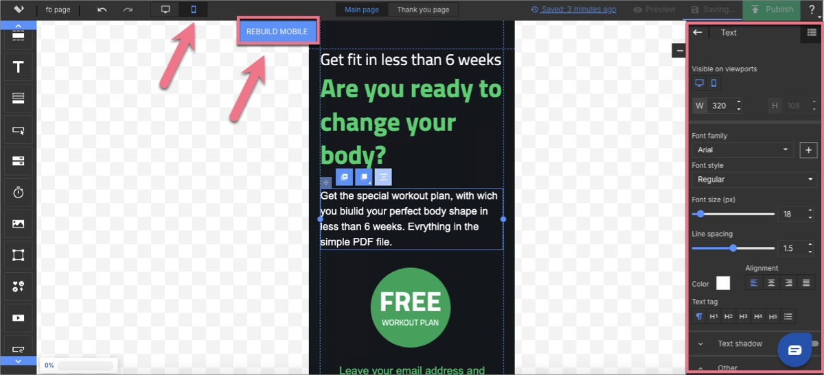 personalización de la vista móvil en Landingi