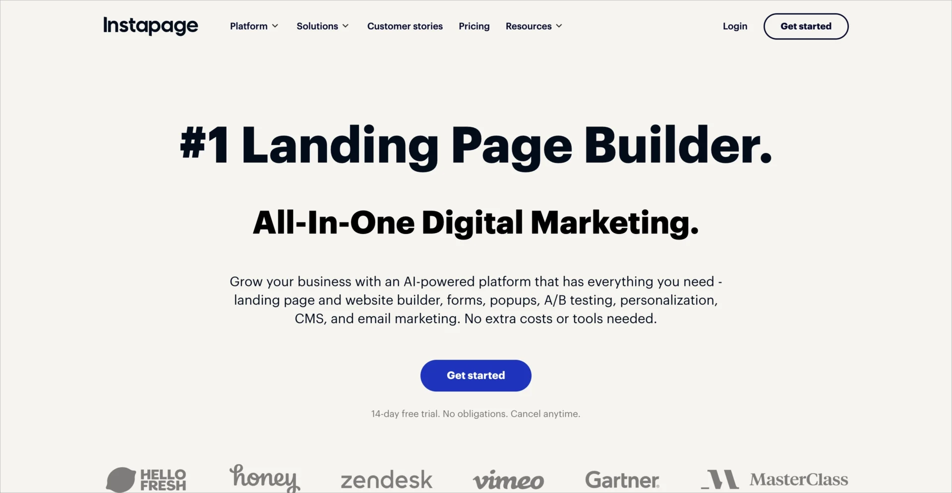 Page d'accueil Instapage mettant en avant l'outil de création de landing pages