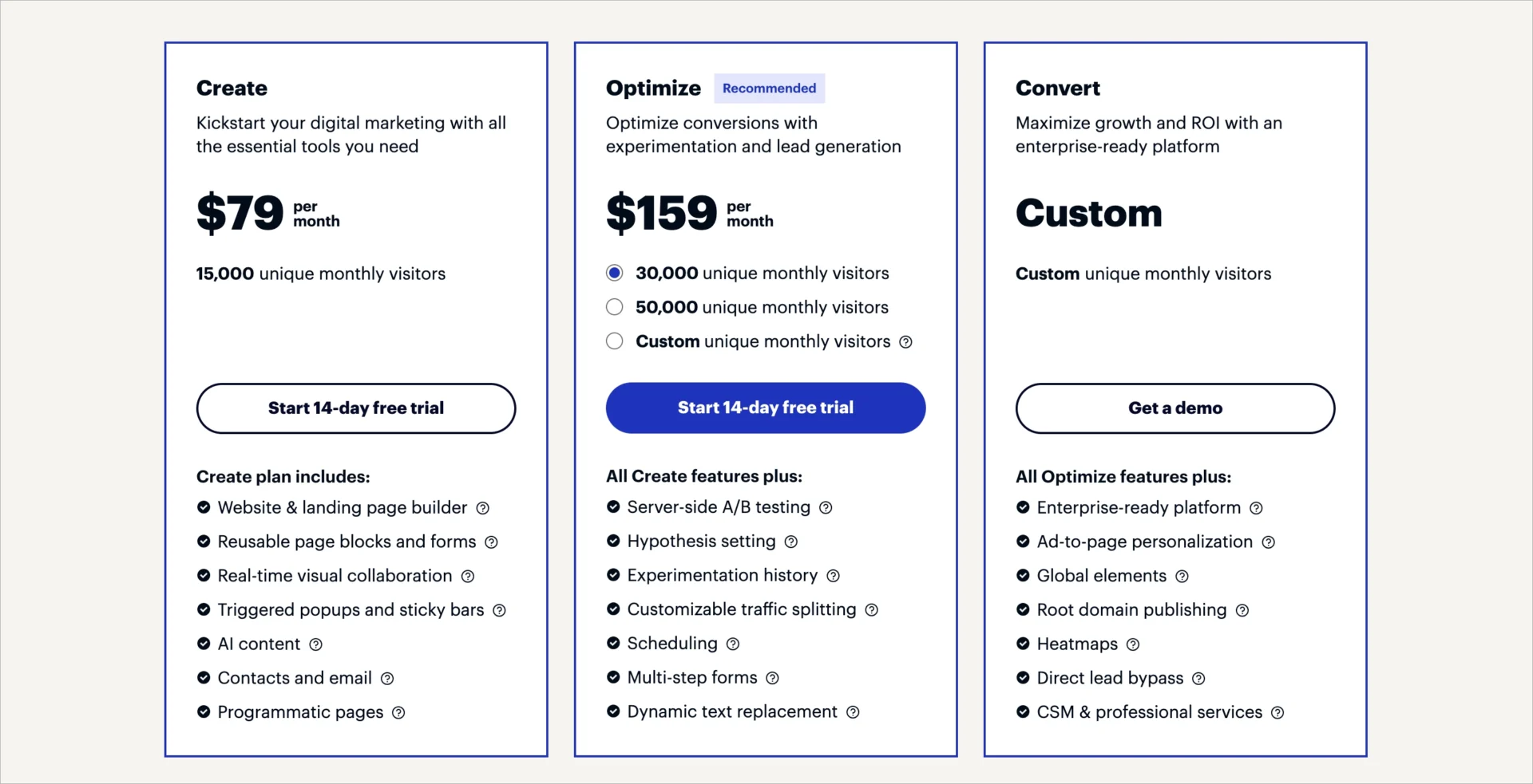 Formules tarifaires Instapage avec les niveaux Créer, Optimiser et Convertir
