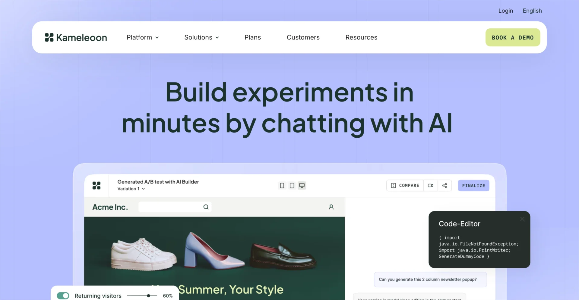 Page d'accueil Kameleoon présentant la plateforme d'expérimentation alimentée par l'IA