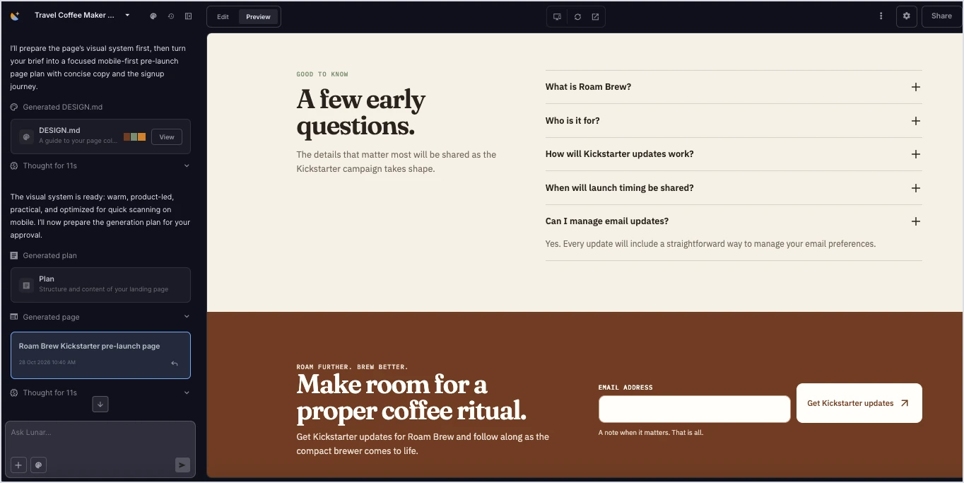 Kickstarter landing page generado en Lunar, Landingi