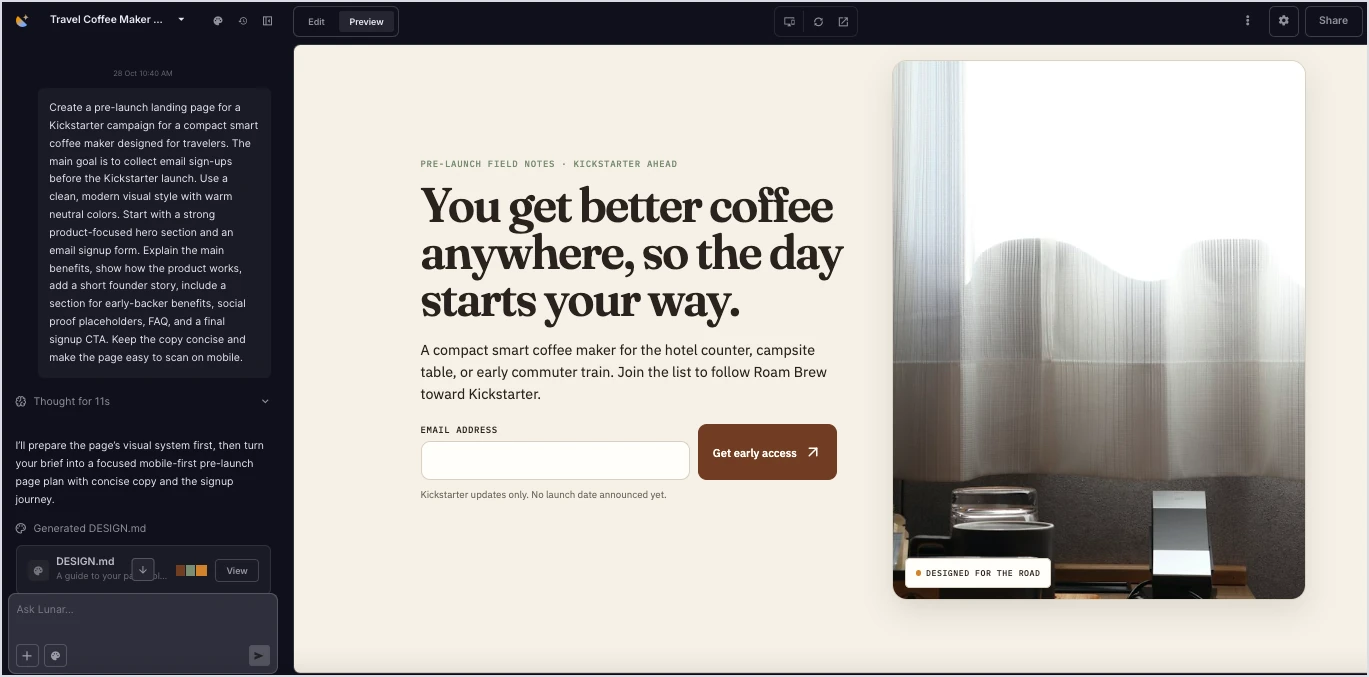 Kickstarter landing page generado en Lunar, Landingi