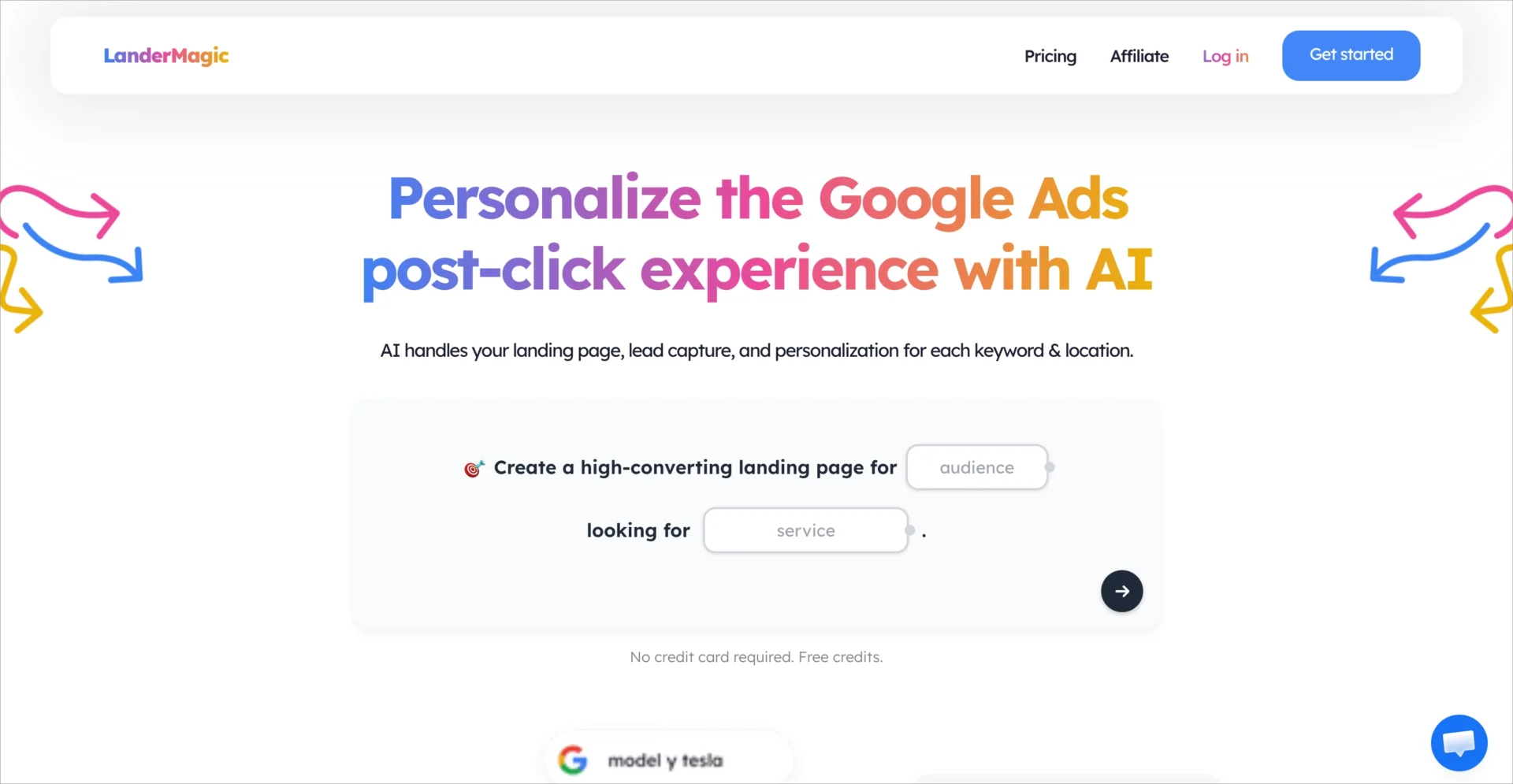 Page d'accueil de LanderMagic présentant la personnalisation des landing pages Google Ads grâce à l'IA