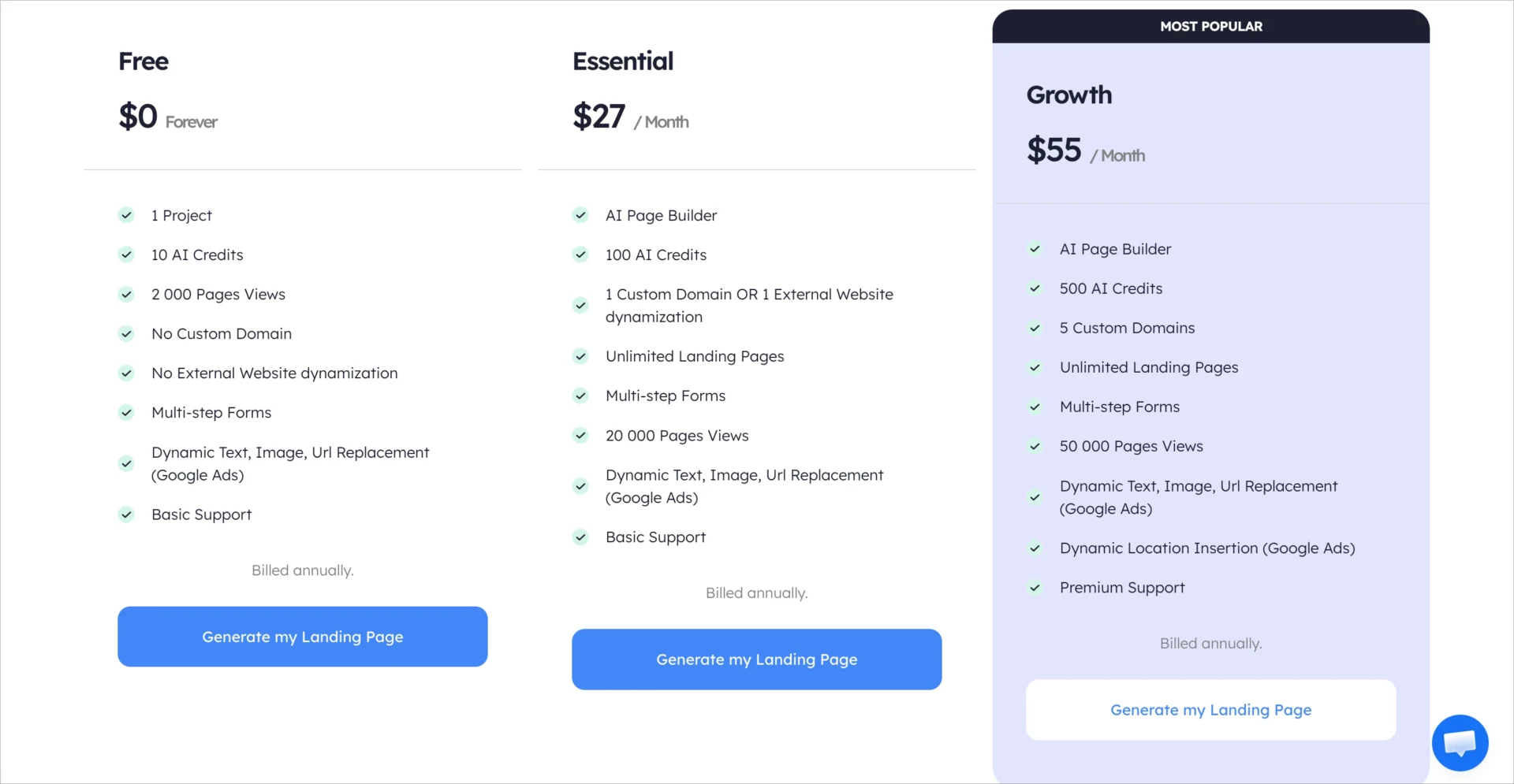 Offres tarifaires de LanderMagic avec les options Free, Essential et Growth