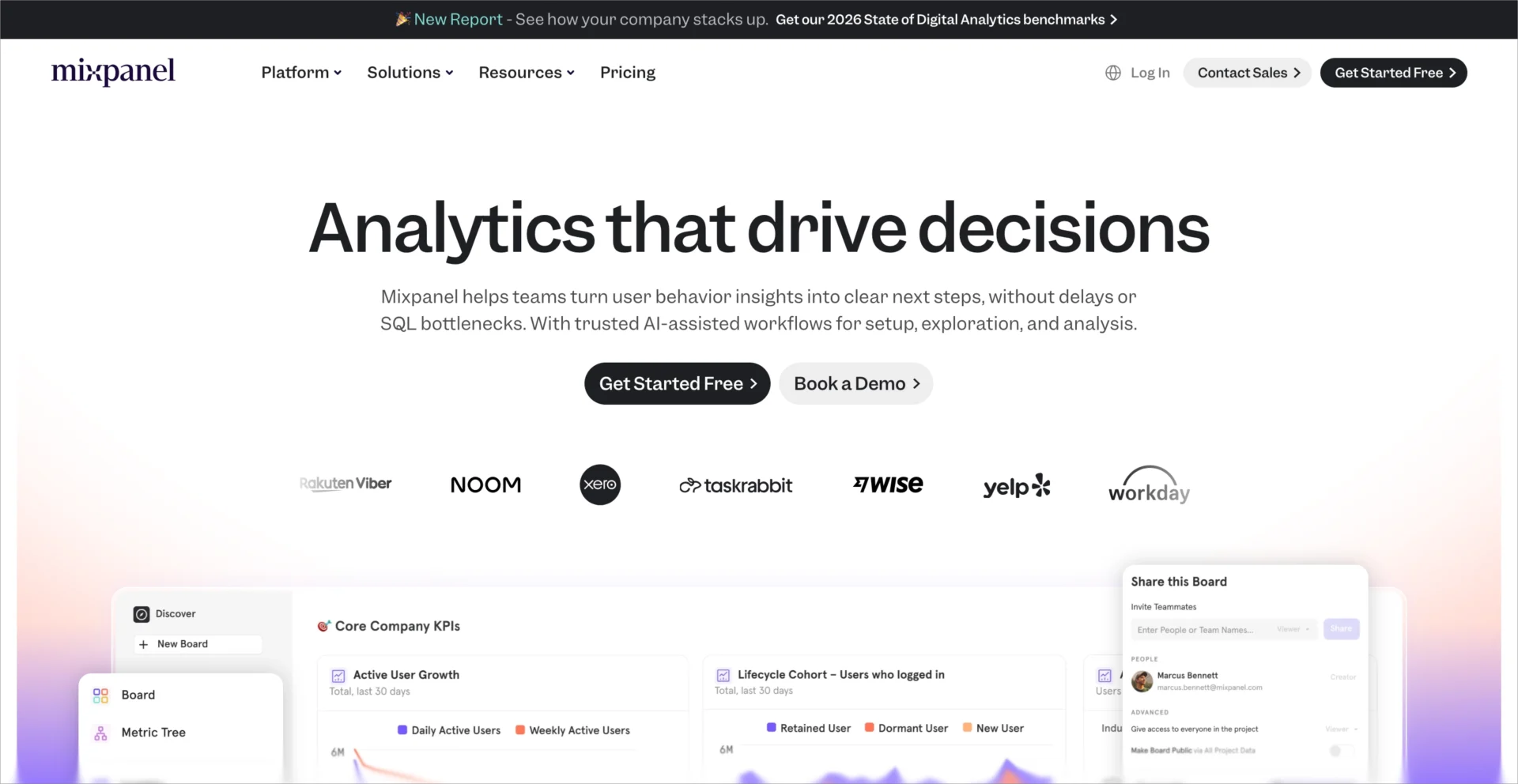 Page d'accueil de Mixpanel mettant en avant l'analyse des produits et les informations