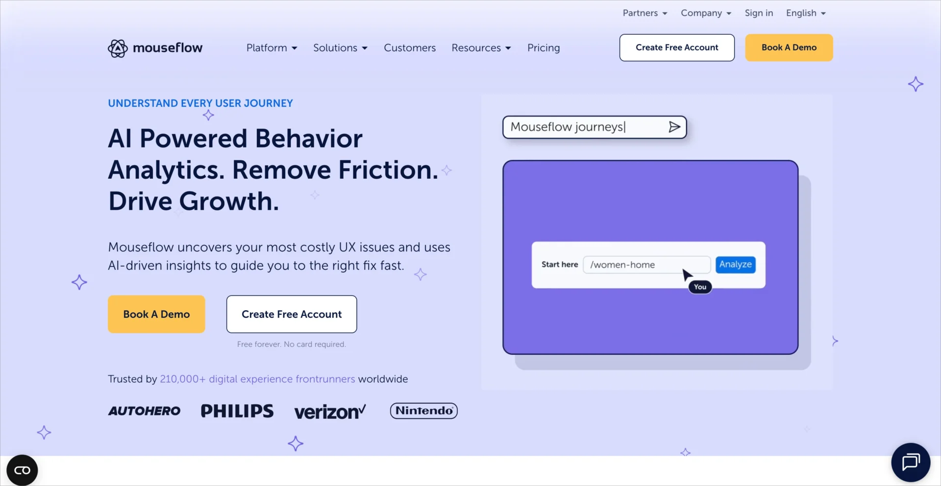 Page d'accueil de Mouseflow faisant la promotion de l'analyse comportementale et des cartes thermiques basées sur l'IA