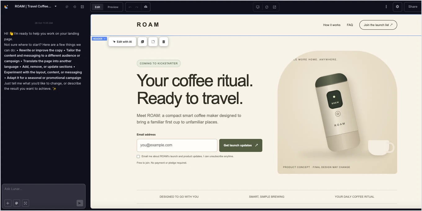 landing page generado por Orbit