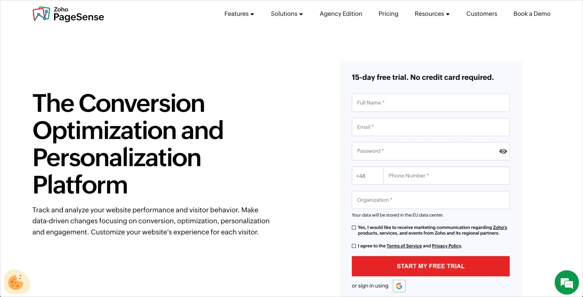 Page d'accueil de Zoho PageSense présentant la plateforme d'optimisation des conversions et de personnalisation