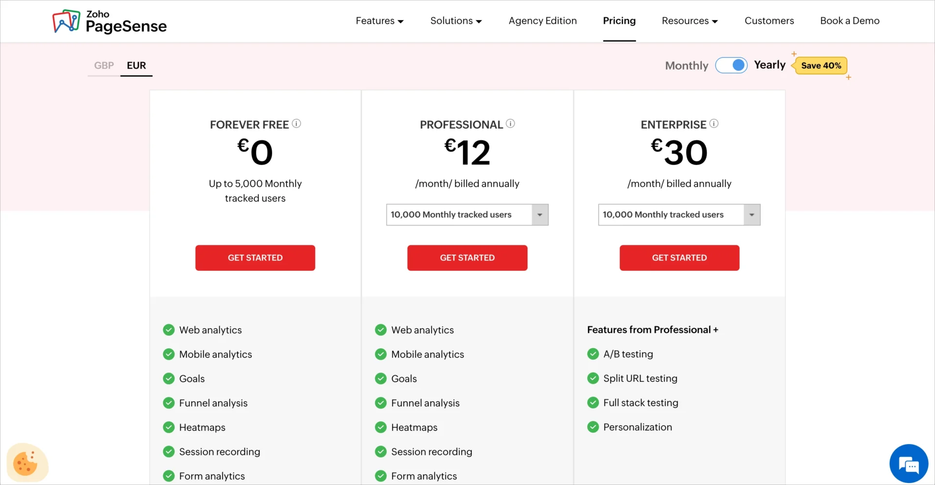 Forfaits Zoho PageSense avec les niveaux Free, Professional et Enterprise