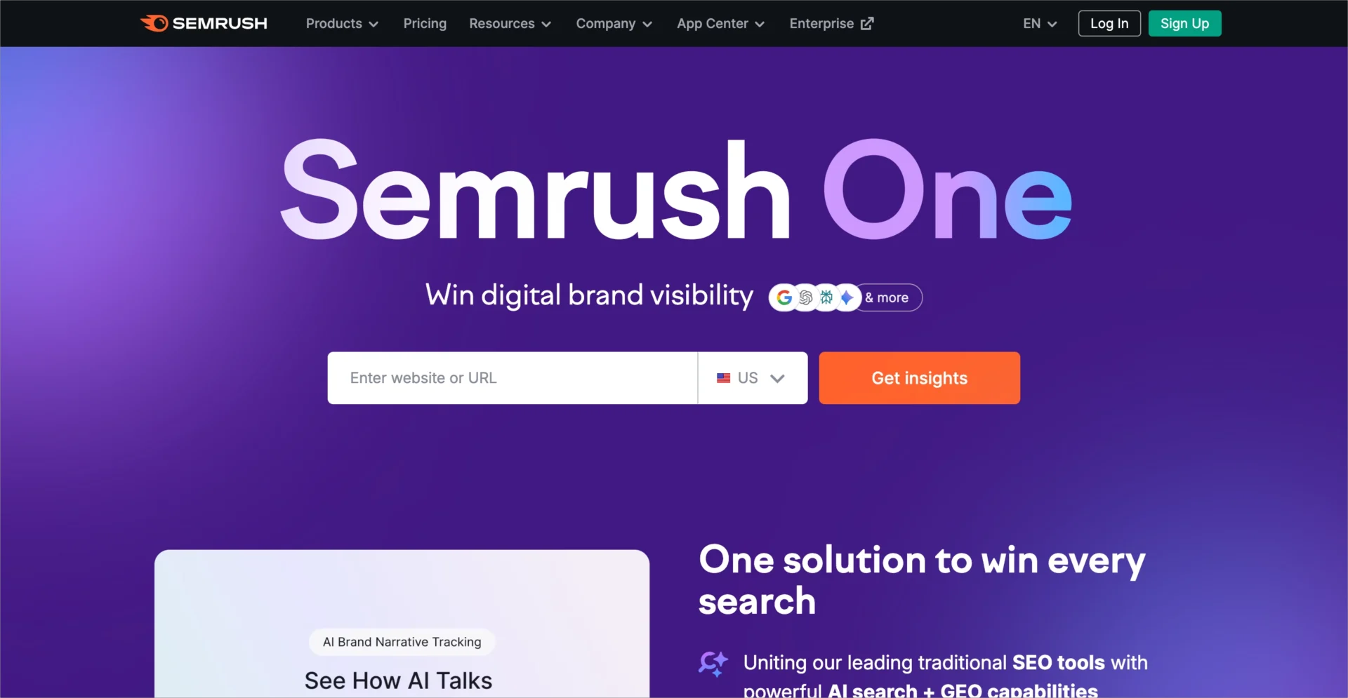 Page d'accueil de Semrush promouvant les outils de référencement et de recherche basés sur l'IA
