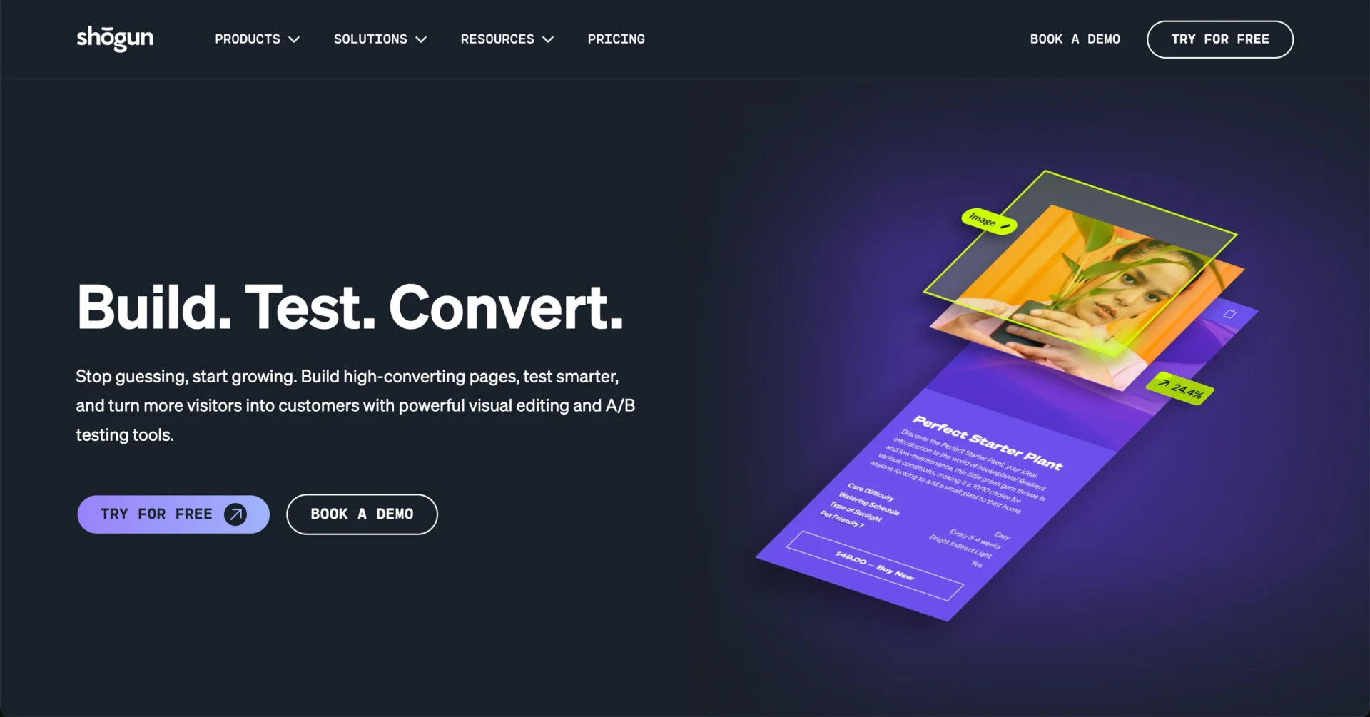 Page d'accueil de Shogun avec les messages « Build, Test, Convert » (Construire, Tester, Convertir)