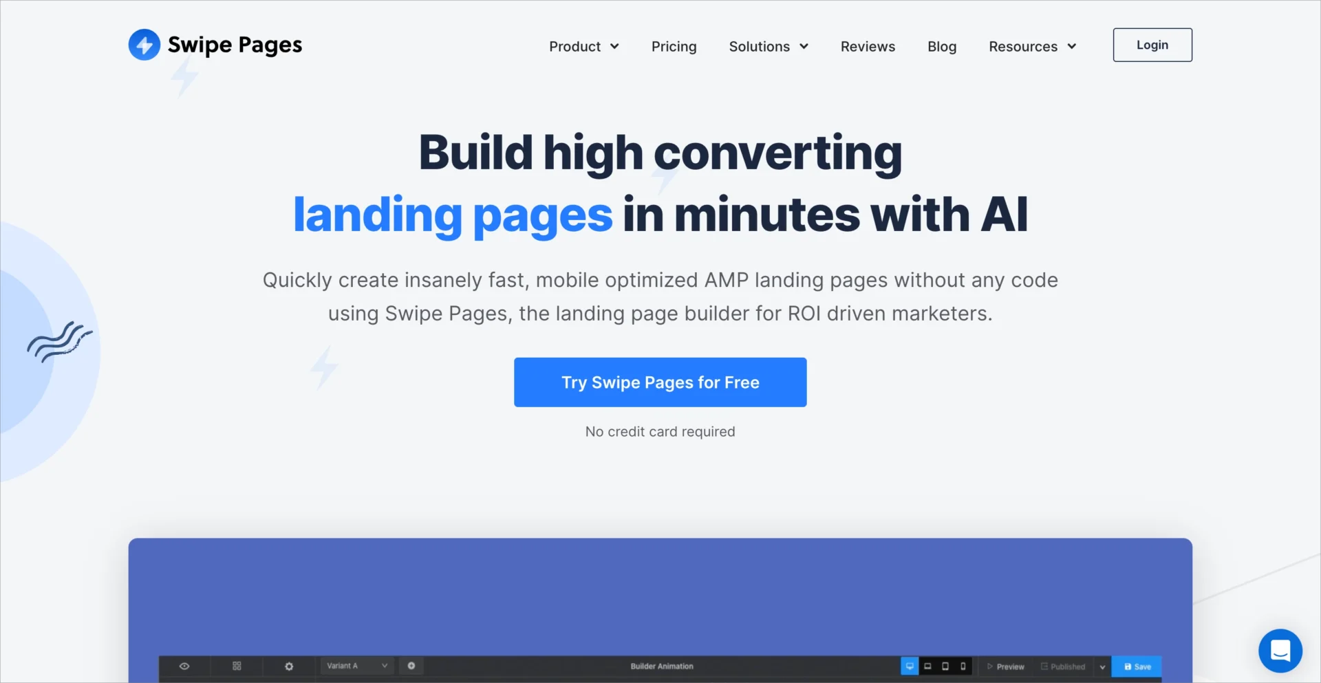 Page d'accueil de Swipe Pages avec l'outil de création de landing pages IA et CTA d'essai gratuit