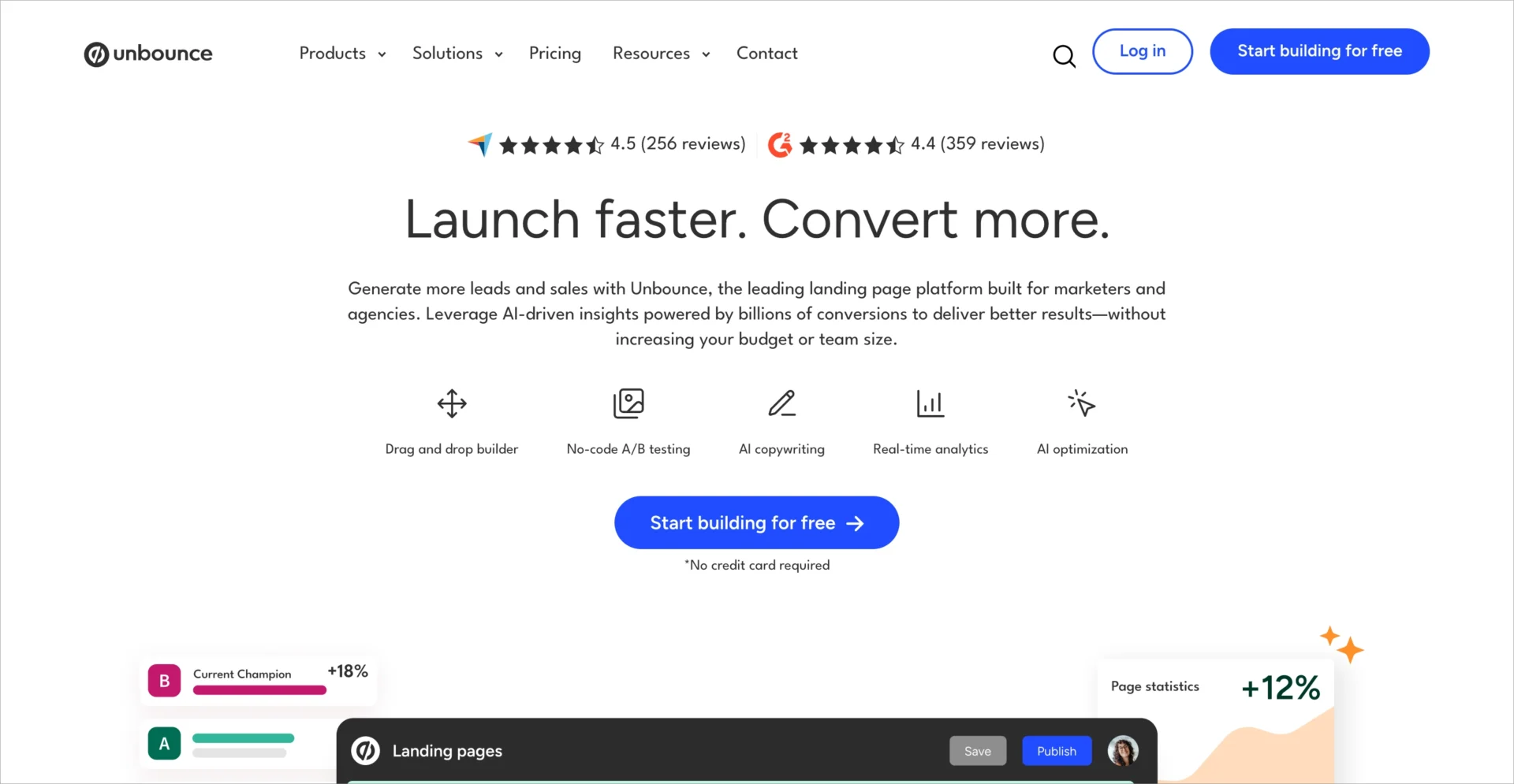 Page d'accueil d'Unbounce promouvant l'outil de création de landing pages