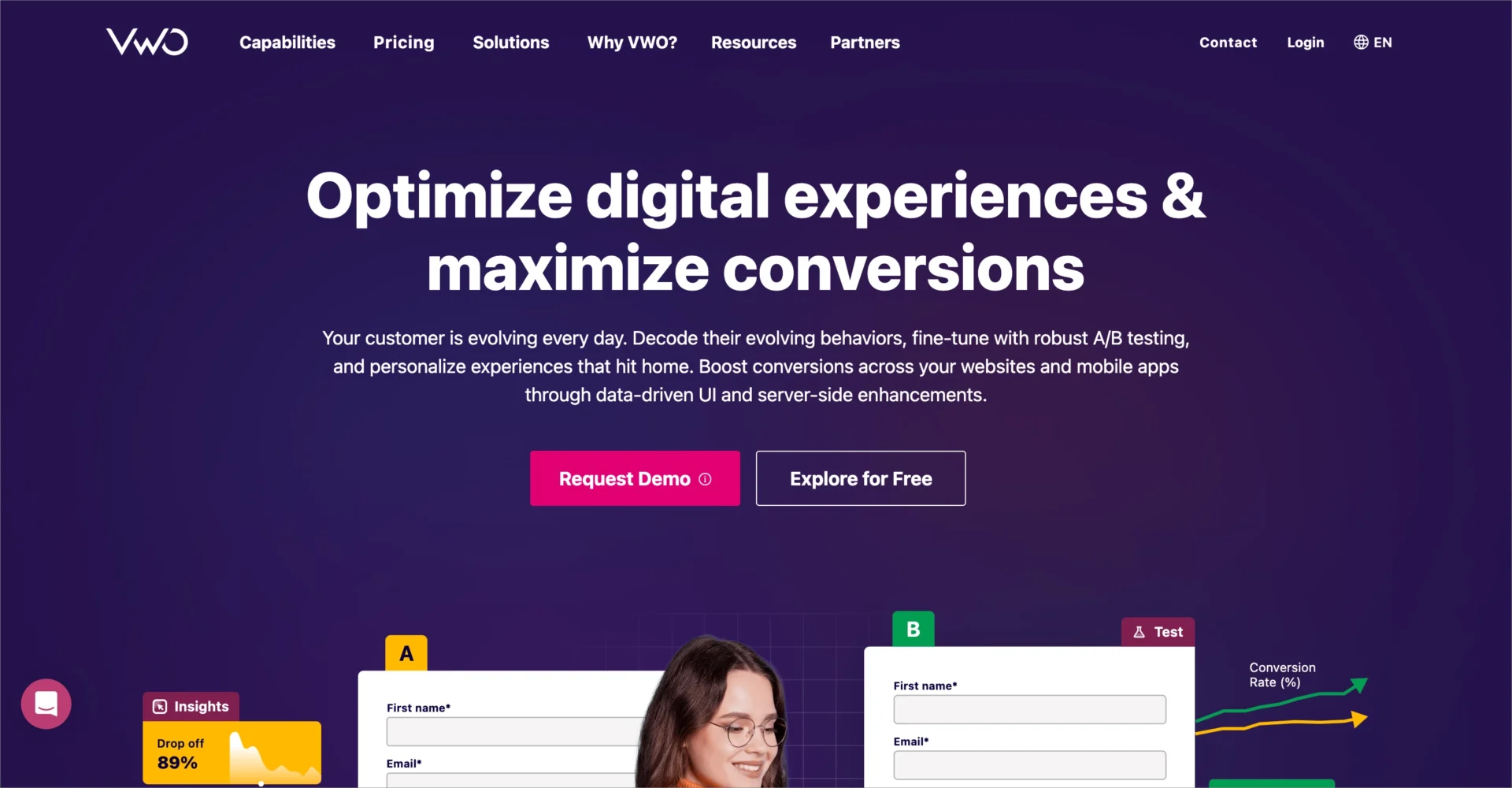 Page d'accueil de VWO présentant l'optimisation de l'expérience numérique et les tests A/B