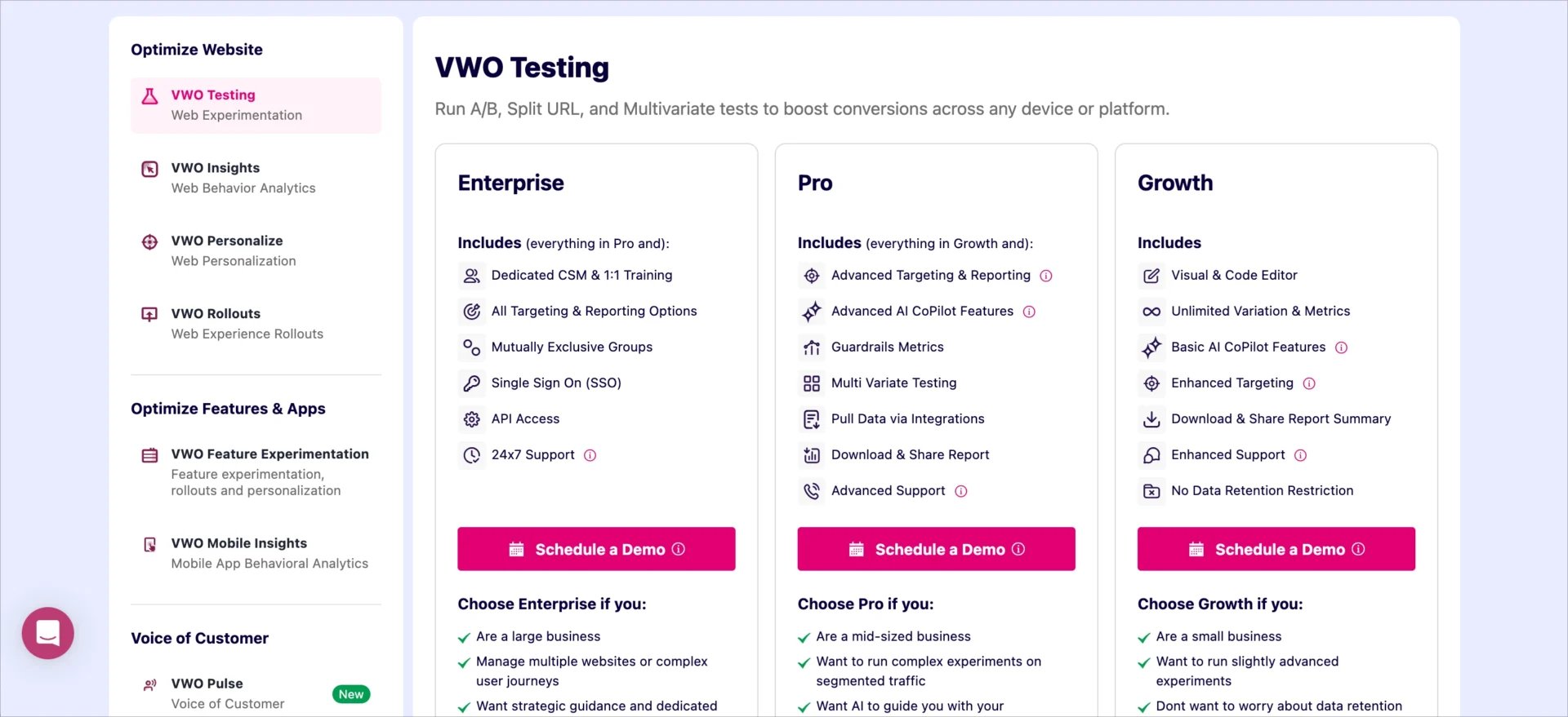 Forfaits tarifaires de VWO Testing avec les niveaux Growth, Pro et Enterprise