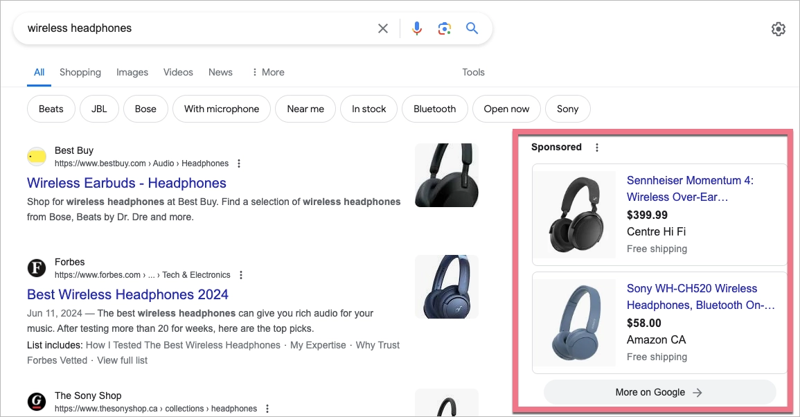 Sponsored product listing in SERP
