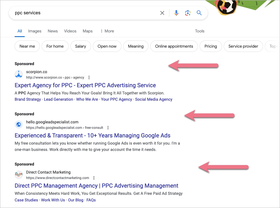 PPC ads in SERP example