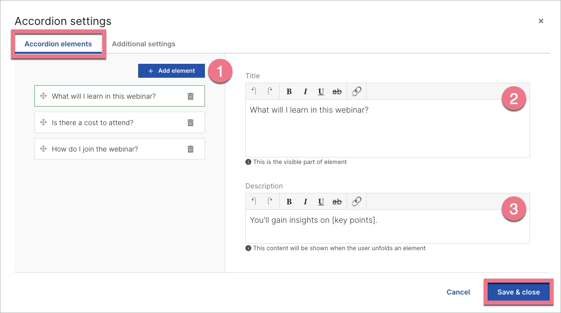 View of Accordion settings