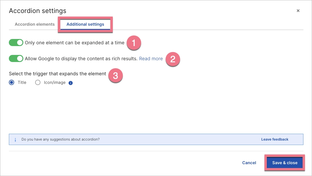 Additional settings for Accordion in Landingi