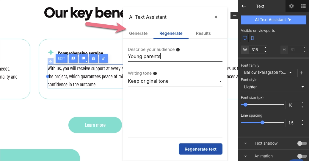 El Asistente de Texto AI regenera el contenido en funci&oacute;n de la audiencia y los ajustes de tono