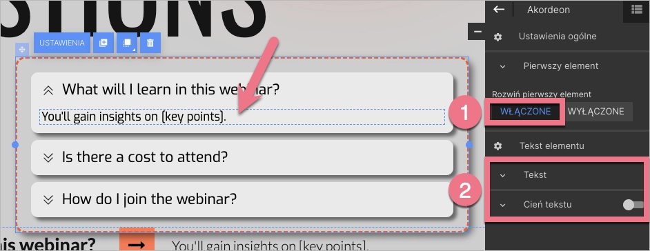 Edytowanie tekstu rozwijanych pytań na landing page'u