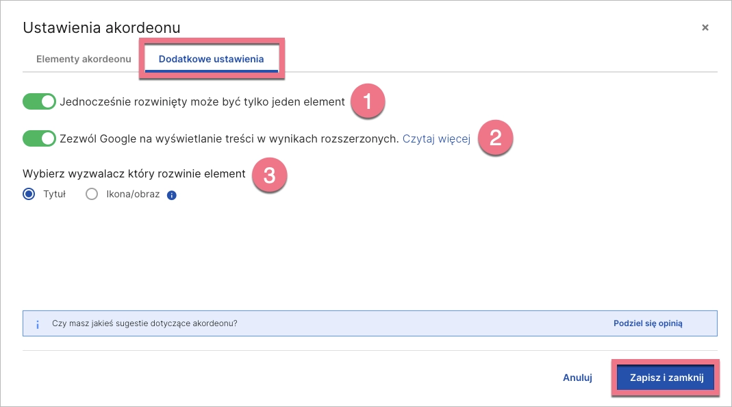 Dodatkowe ustawienia Akordeonu w Landingi