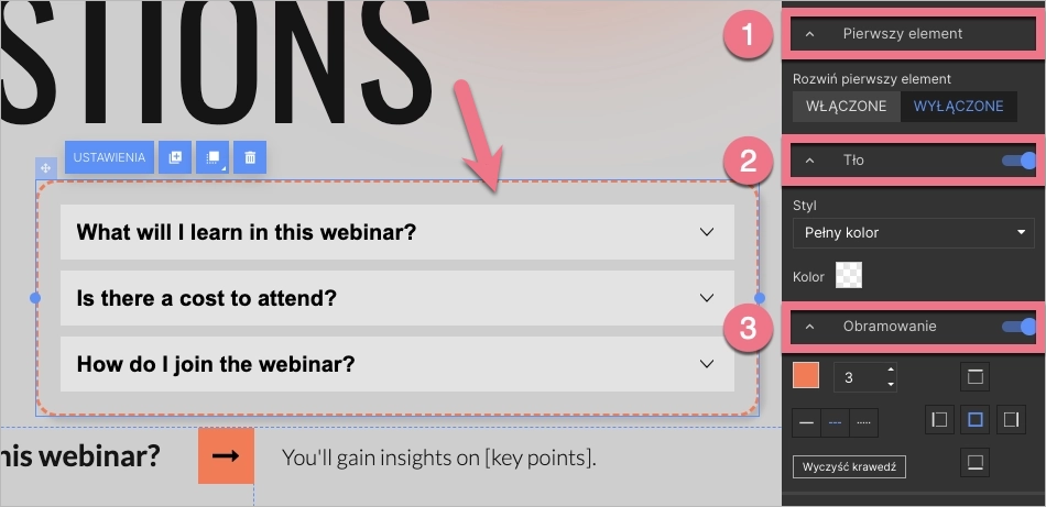 Edytowanie wyglądu, tła i obramowania rozwijanych pytań
