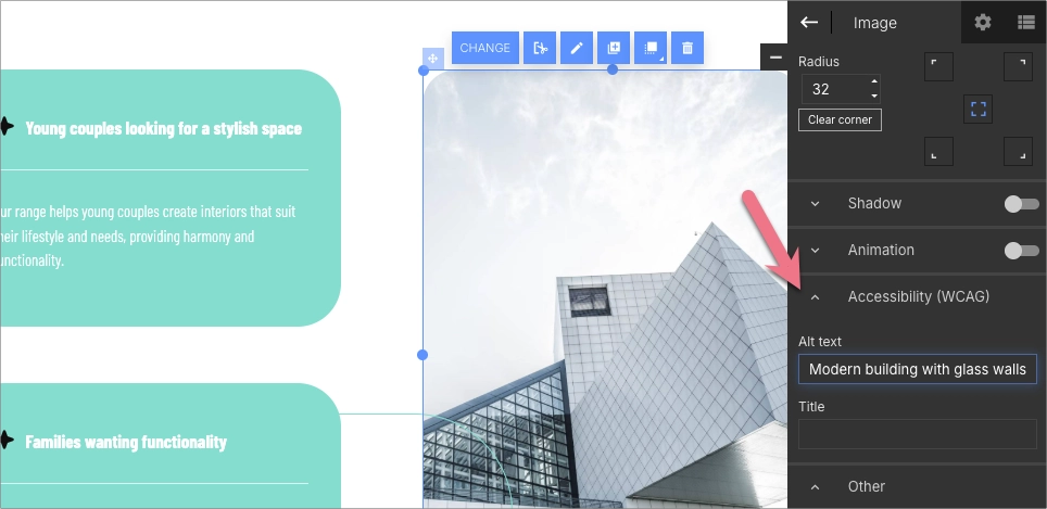 Establecer texto alternativo para una imagen en la configuraci&oacute;n de accesibilidad Landingi.