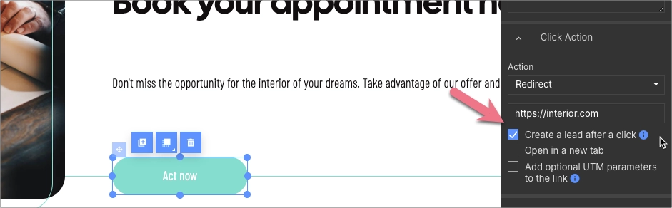 Establecer una acci&oacute;n de clic para un bot&oacute;n, incluida la redirecci&oacute;n y la creaci&oacute;n de clientes potenciales