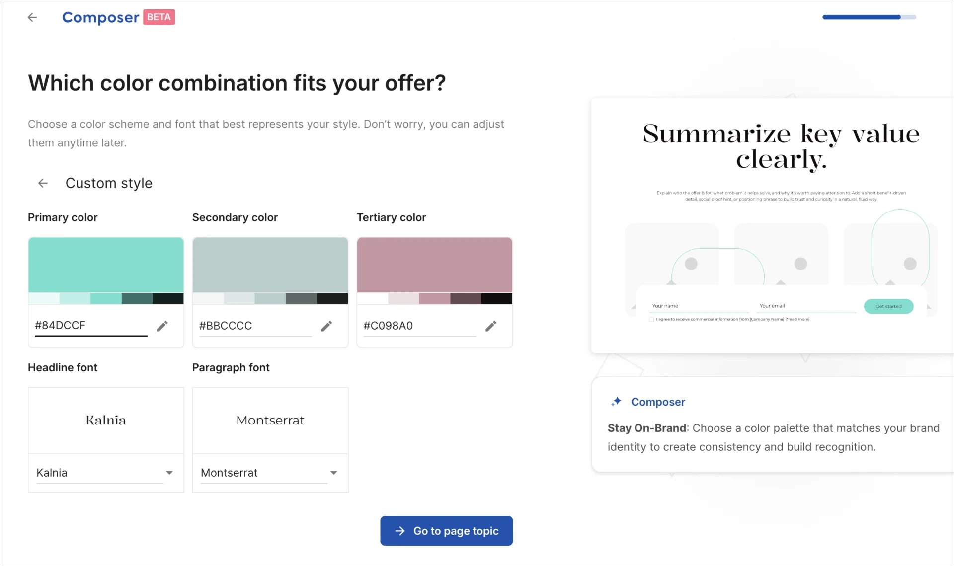 Interfaz del compositor para seleccionar la paleta de colores y los tipos de letra de una landing page.