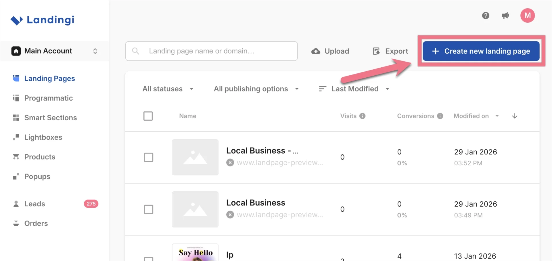 Tablero de mandos Landingi con el bot&oacute;n Crear nuevo landing page resaltado.