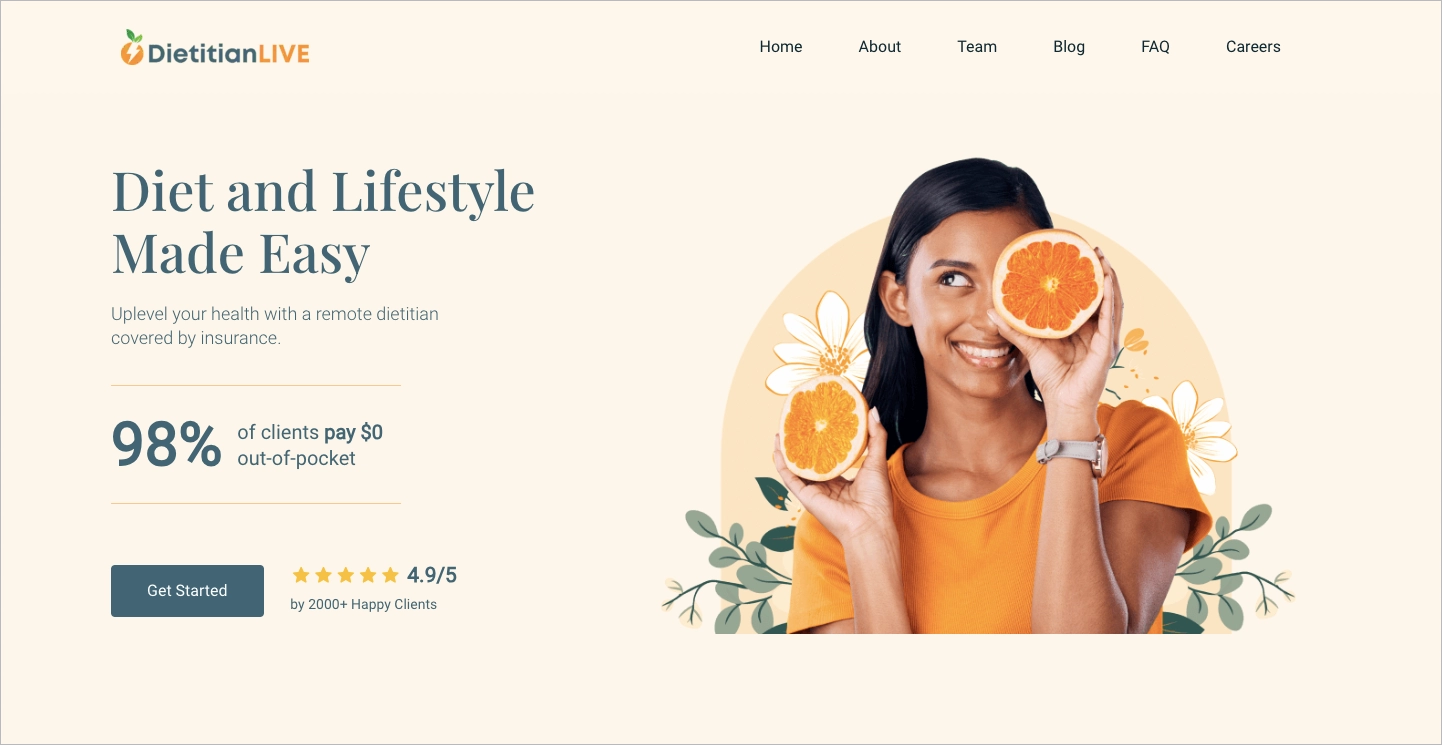 Dietitian landing page example in WordPress