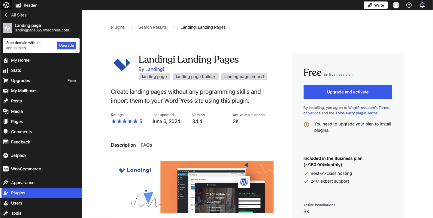 Landingi Landing Pages plugin in WordPress marketplace