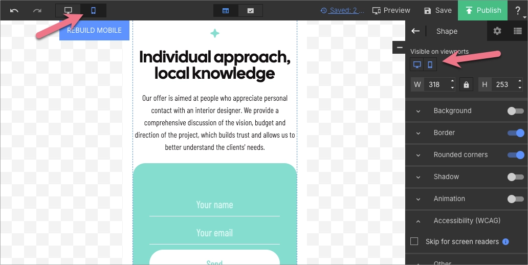 Edici&oacute;n de la vista m&oacute;vil de un landing page con ajustes de visibilidad en Landingi