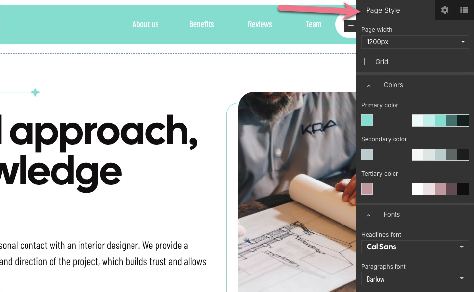 Configuraci&oacute;n del estilo de p&aacute;gina para gestionar los colores, las fuentes y la anchura del dise&ntilde;o en Landingi.