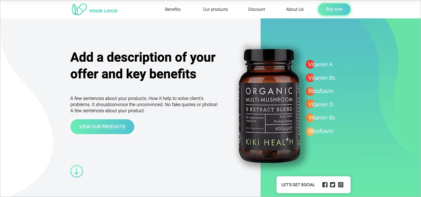Landing page dietary product template