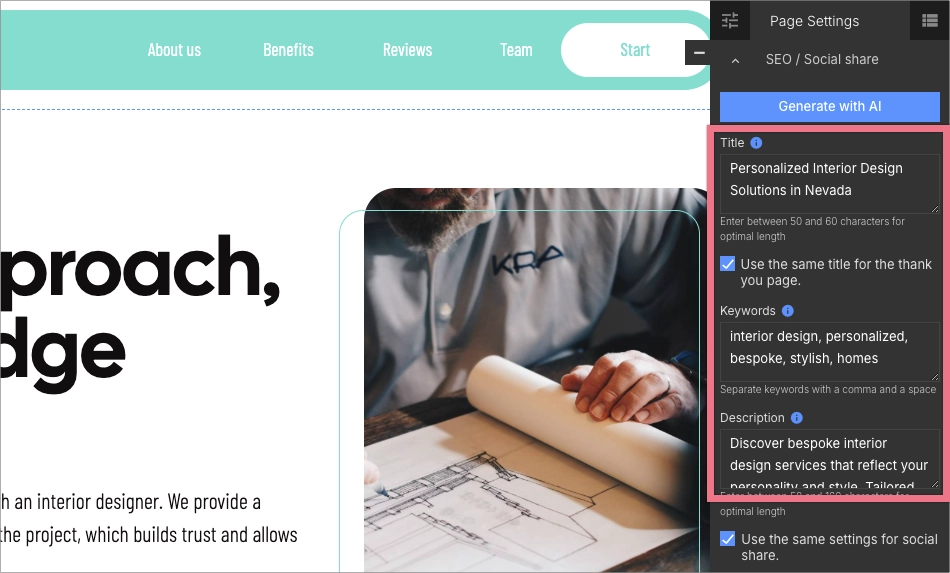 Panel de configuraci&oacute;n de SEO con campos de t&iacute;tulo y meta descripci&oacute;n en Landingi.