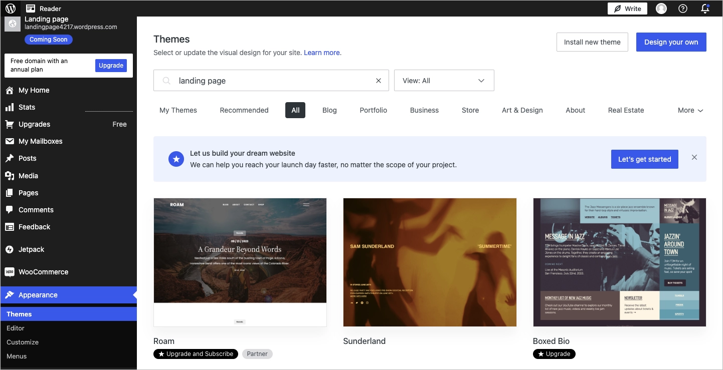 WordPress dashboard view with themes selection