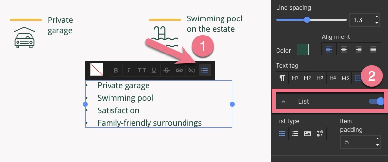 List settings for text widget in Landingi