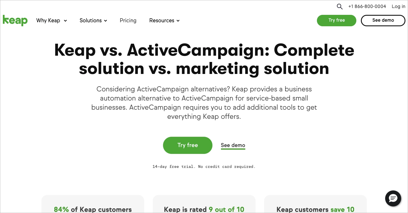 Keap vs. ActiveCampaign landing page 