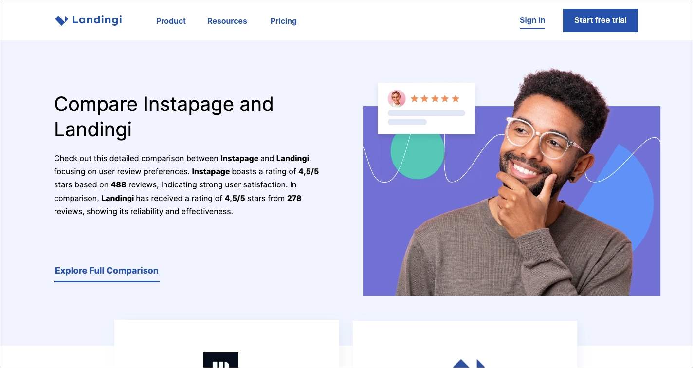 Exemplo de comparação de concorrentes de software landing page