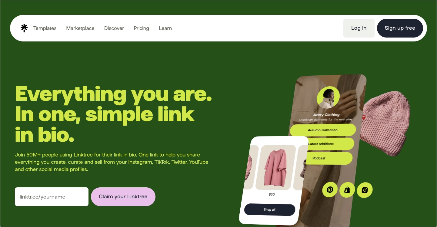 View of Linktree's homepage