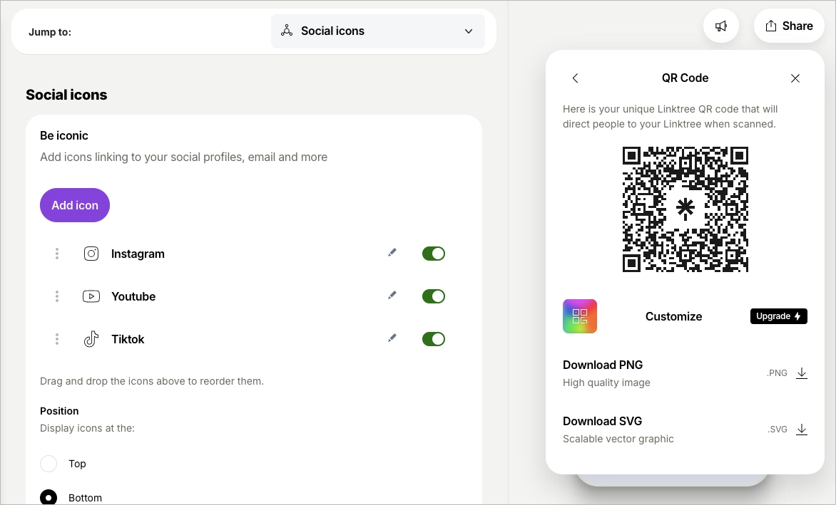 View of QR code generated for Linktree page