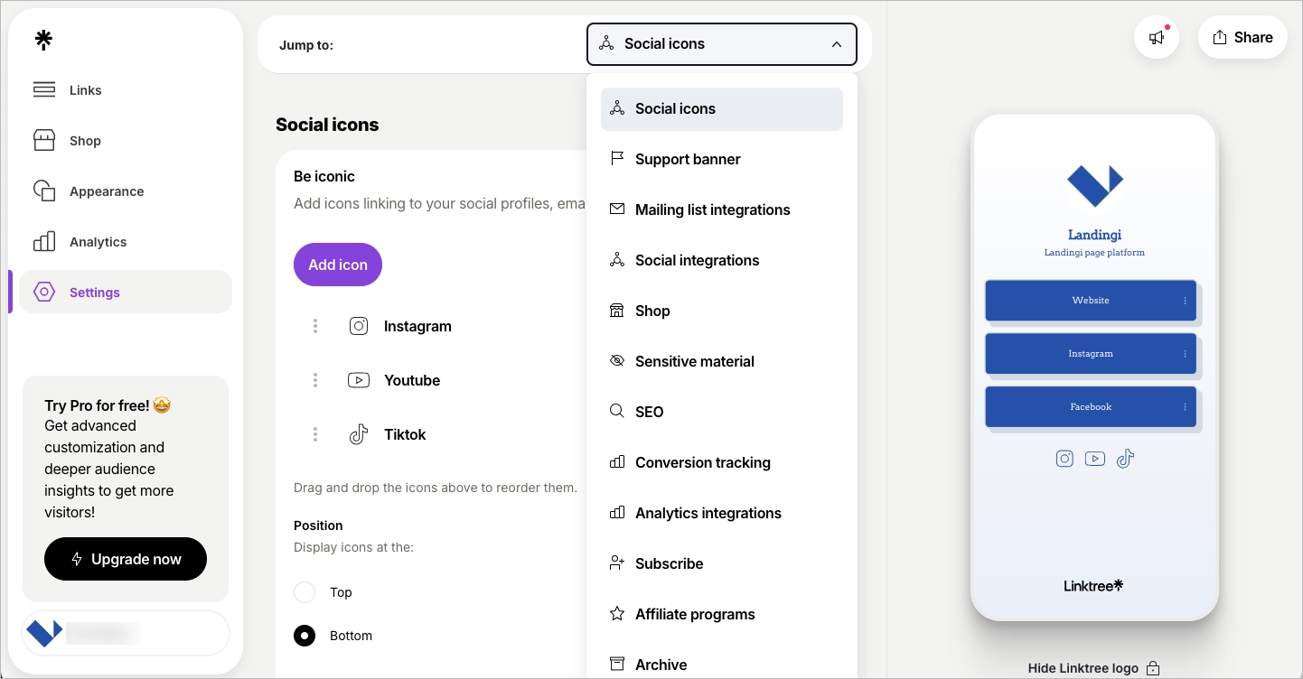 Settings lest in Linktree platform